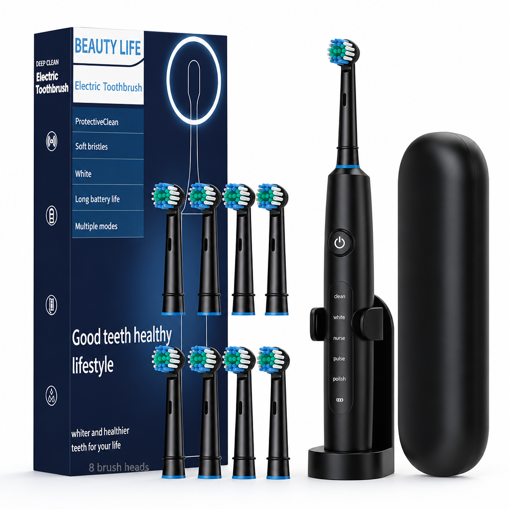 Electric Toothbrush with Rotating Whitening Action – 8 Replacement Heads + Travel Case