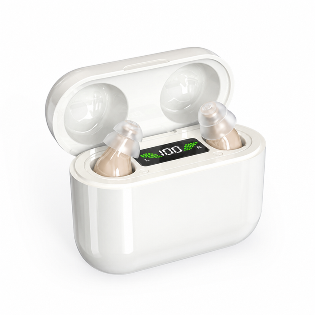 Invisible Rechargeable In-Ear Hearing Aid (With Charging Case)