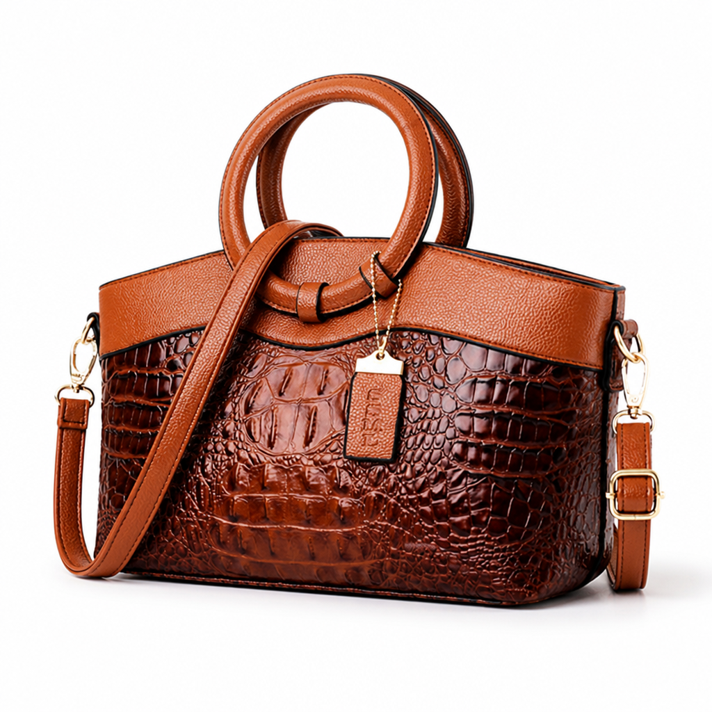 Crocodile-Embossed Structured Top-Handle Bag (Removable Strap)