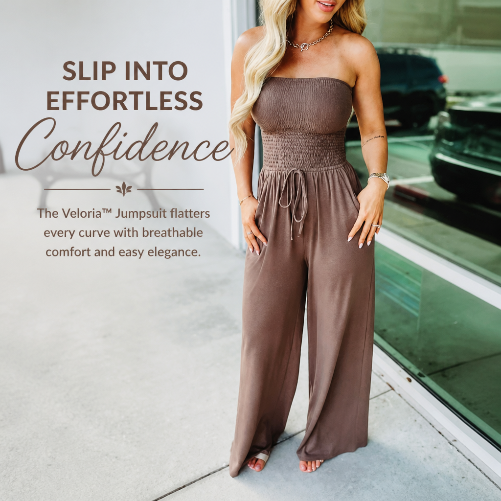 Veloria™ – Strapless Smocked Wide-Leg Jumpsuit with Pockets