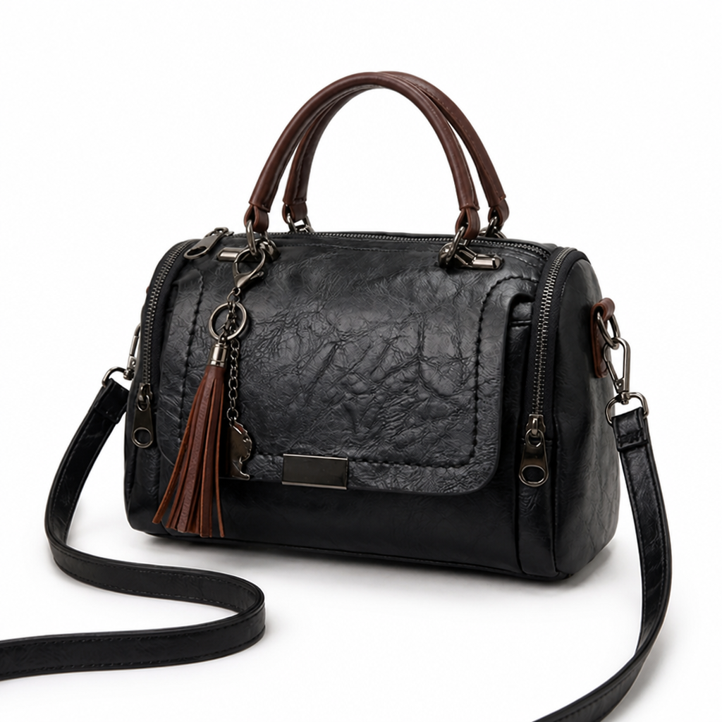 Tassel-Trim Faux Leather Convertible Shoulder Bag