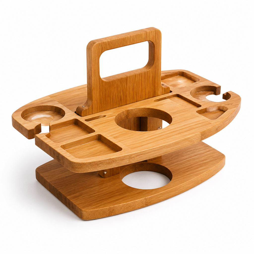 Foldable Acacia Wood Wine Table (With Glass & Snack Holders)