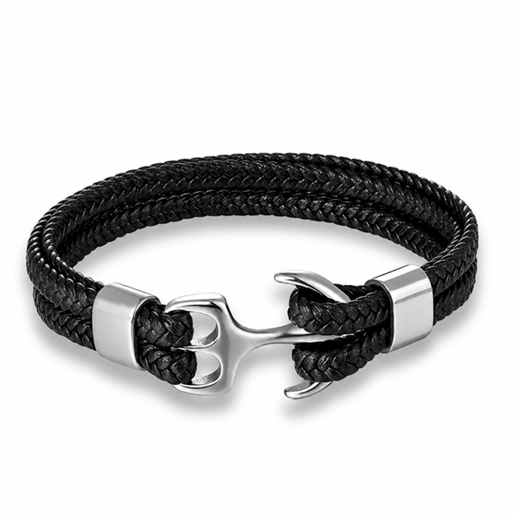 Stainless Steel Anchor Leather Bracelet (Adjustable)