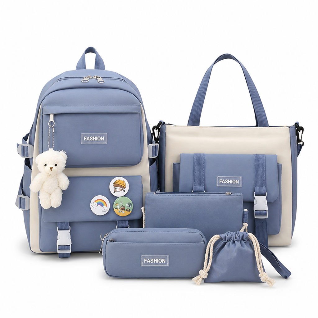 Plush Bear & Badge Kids Backpack Set (5-Piece)