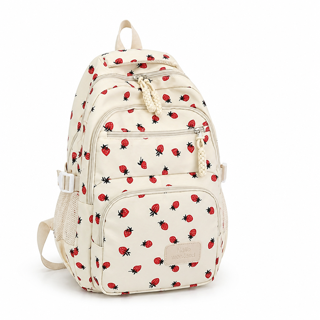 Strawberry-Print Large-Capacity Backpack