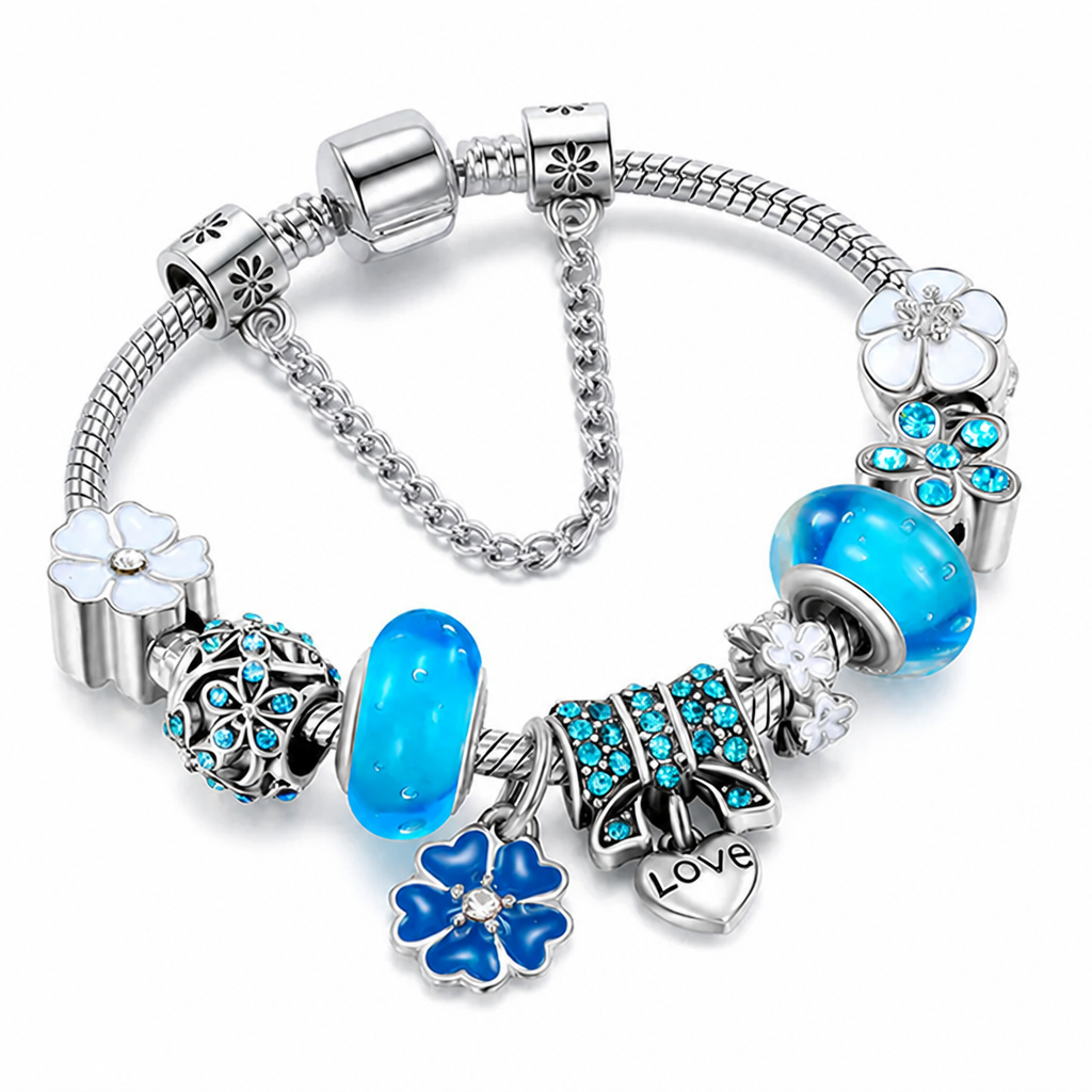 Stainless Steel Adjustable Fit Peach Blossom Charm Bracelet