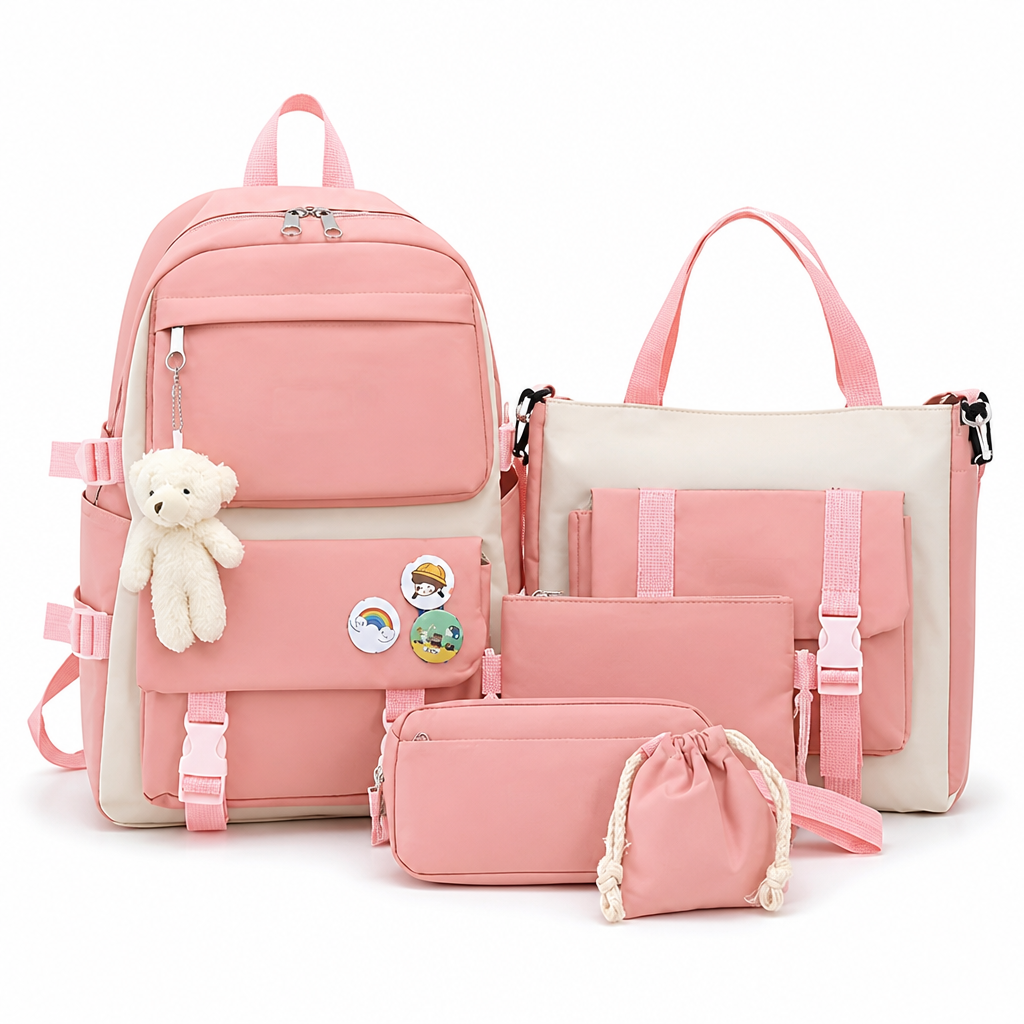 Plush Bear & Badge Kids Backpack Set (5-Piece)