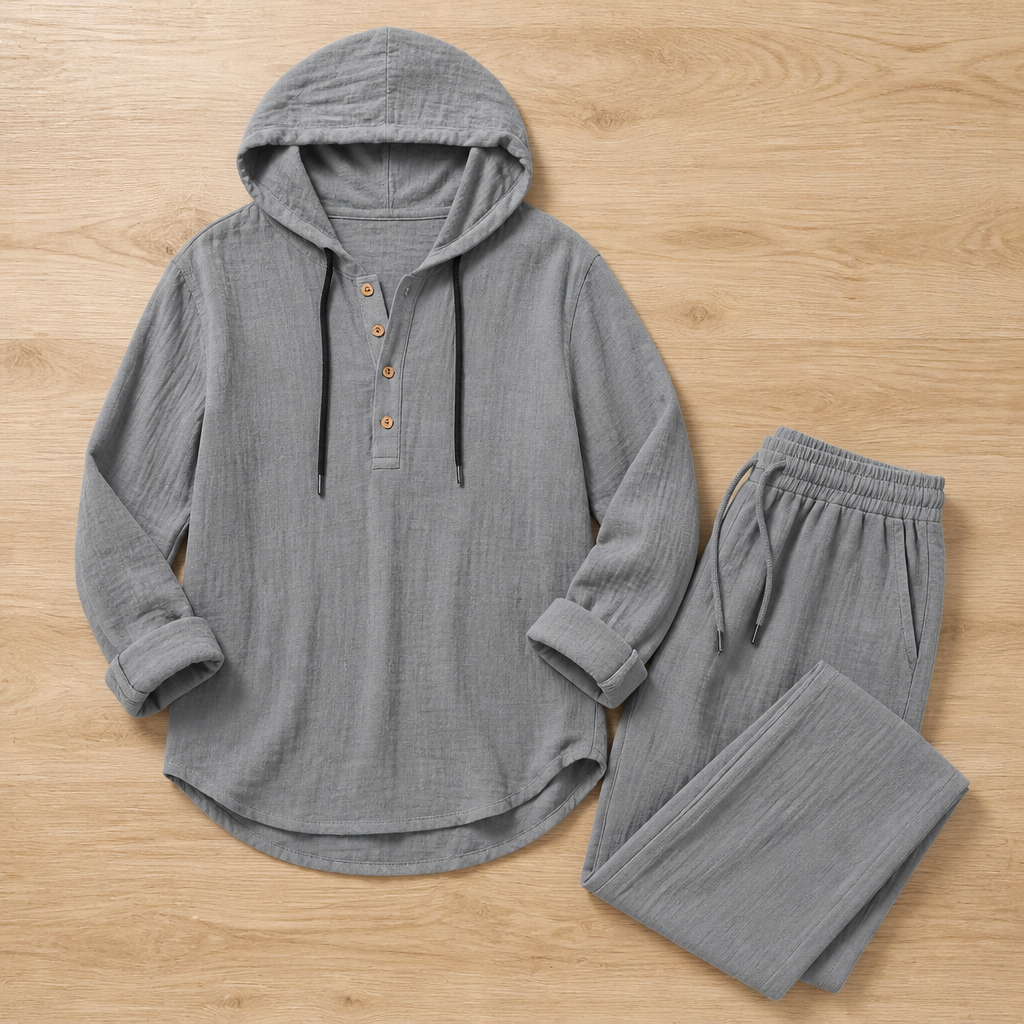 VeloShift™ – Relaxed Linen-Blend Hooded Set with Button Henley Top