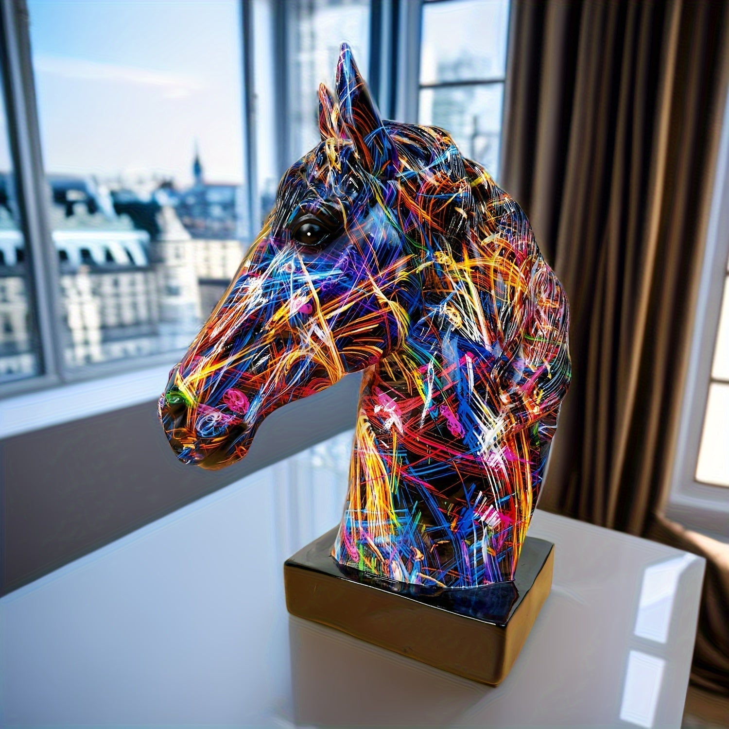 Resin Horse Head Statue Featuring Paint Splatter Artwork