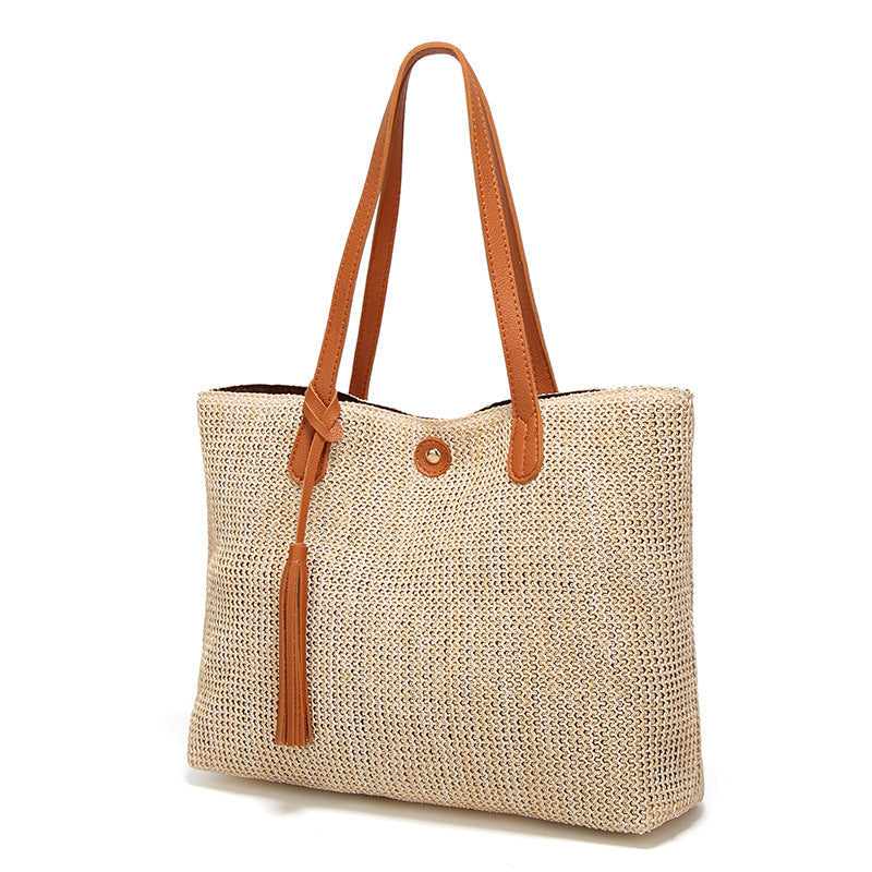 Tote Bag for the Beach with Leather Strap and Decorative Tassel