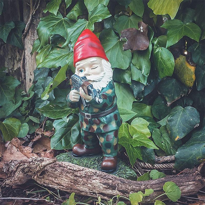 Camouflage Soldier Garden Gnome – Humorous Statue for Yard and Patio Decor