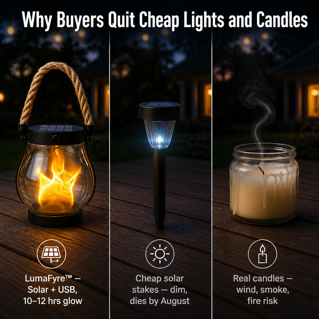 LumaFyre™ — Illuminate Your Patio All Night with Solar, No Wax or Wires