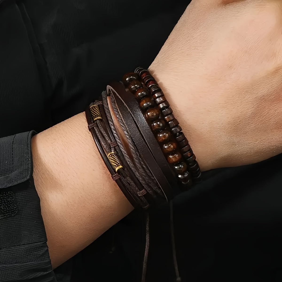 Multilayer Adjustable Bracelet Set with Wooden Beads and Leather