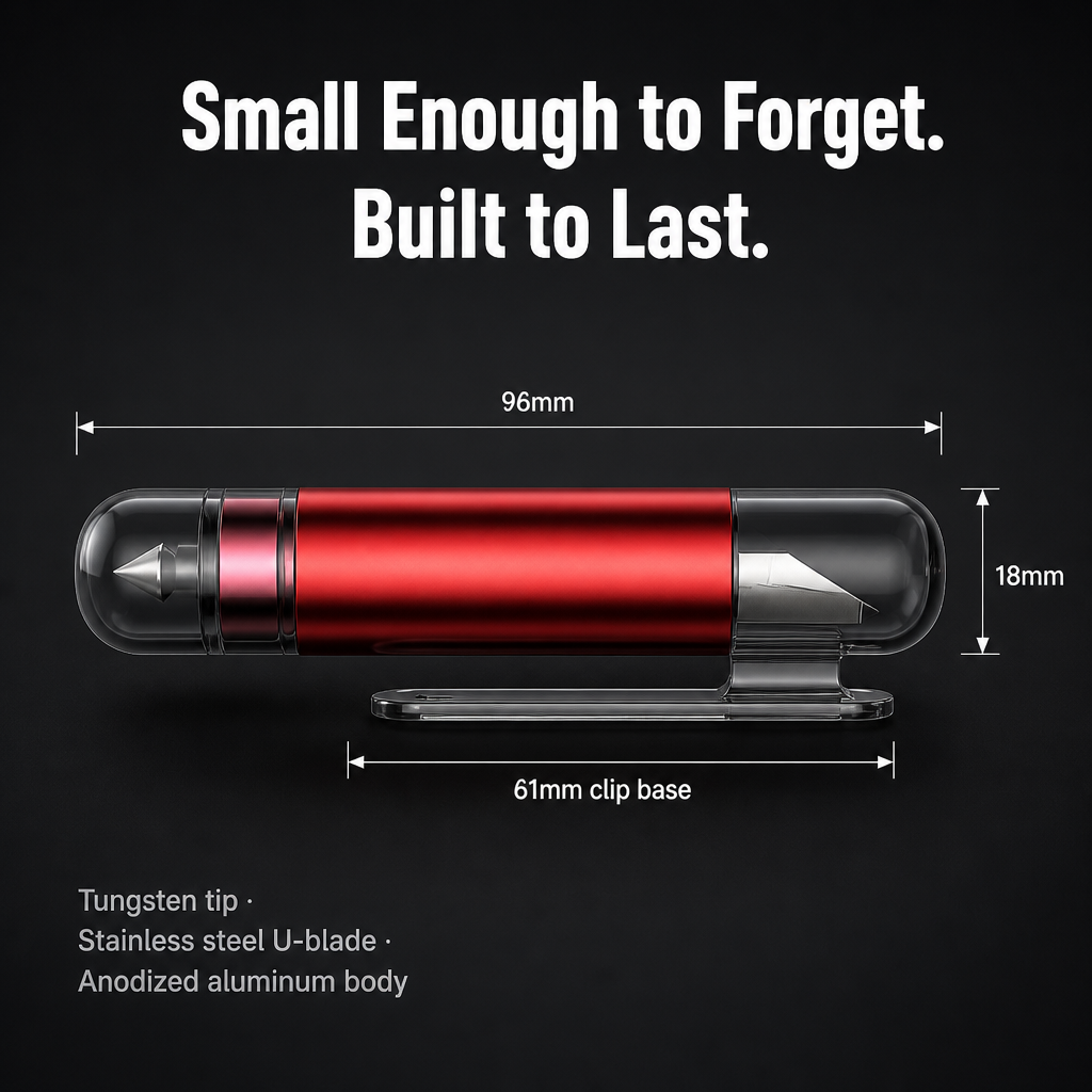 VeroGuard™ — Press Once to Break Glass and Slice Through Your Seatbelt