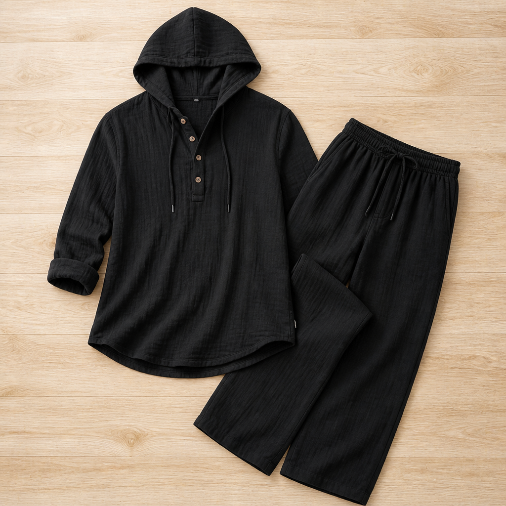 VeloShift™ – Relaxed Linen-Blend Hooded Set with Button Henley Top