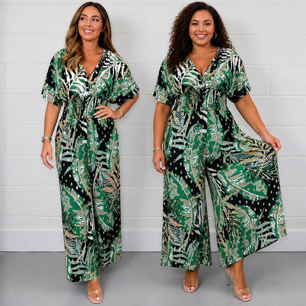 LatessaLuxe™ Plus Size Leaf Print Bodysuit — Feel Effortless Confidence and All-Day Freedom in Your Curves