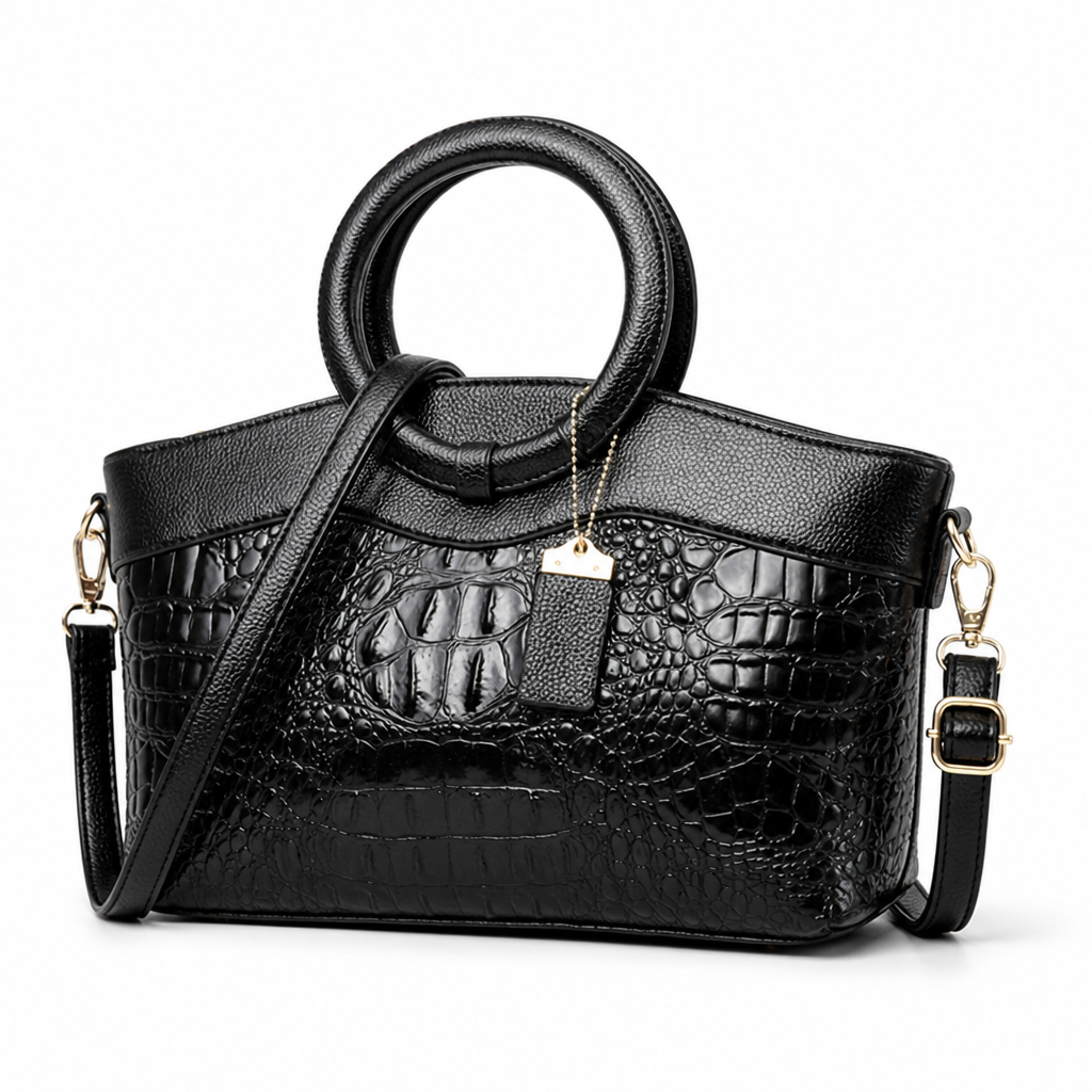 Crocodile-Embossed Structured Top-Handle Bag (Removable Strap)