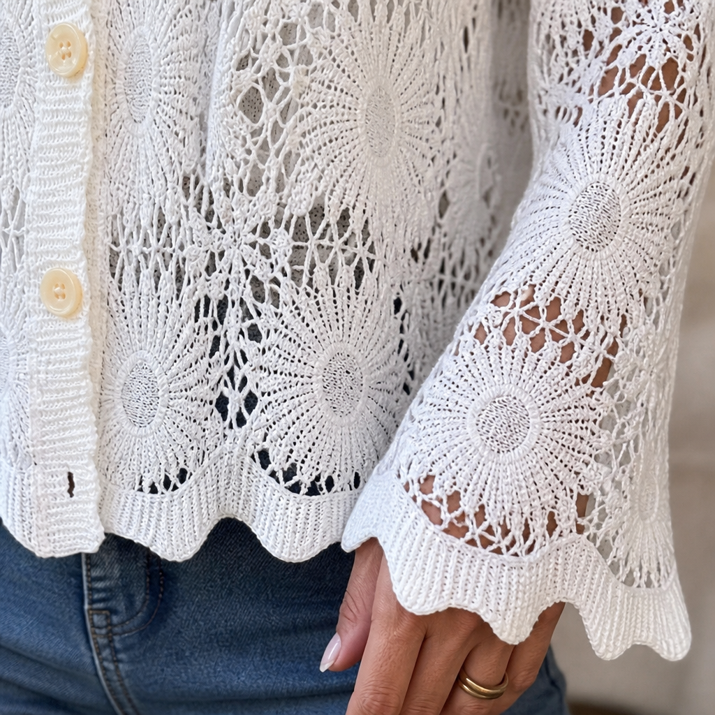 DeloraLace™ – Romantic Crochet Lace Buttoned Top with Scalloped Edge Hem