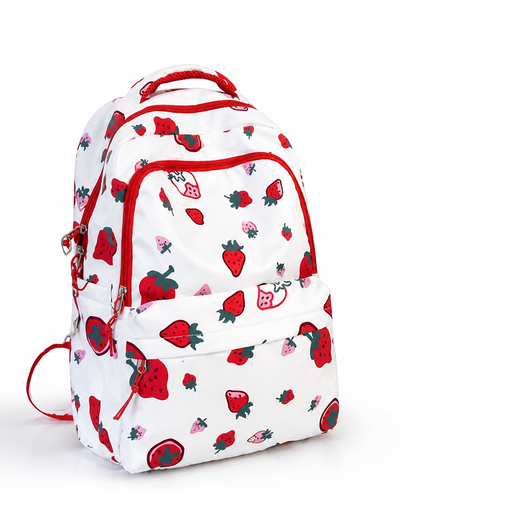 Lightweight Nylon Strawberry Print Backpack (Multiple Pockets)
