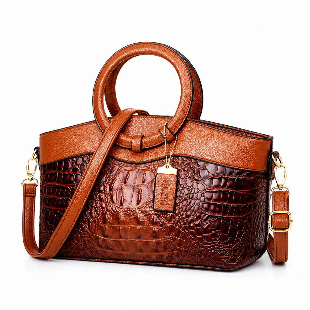 Crocodile-Embossed Structured Top-Handle Bag (Removable Strap)