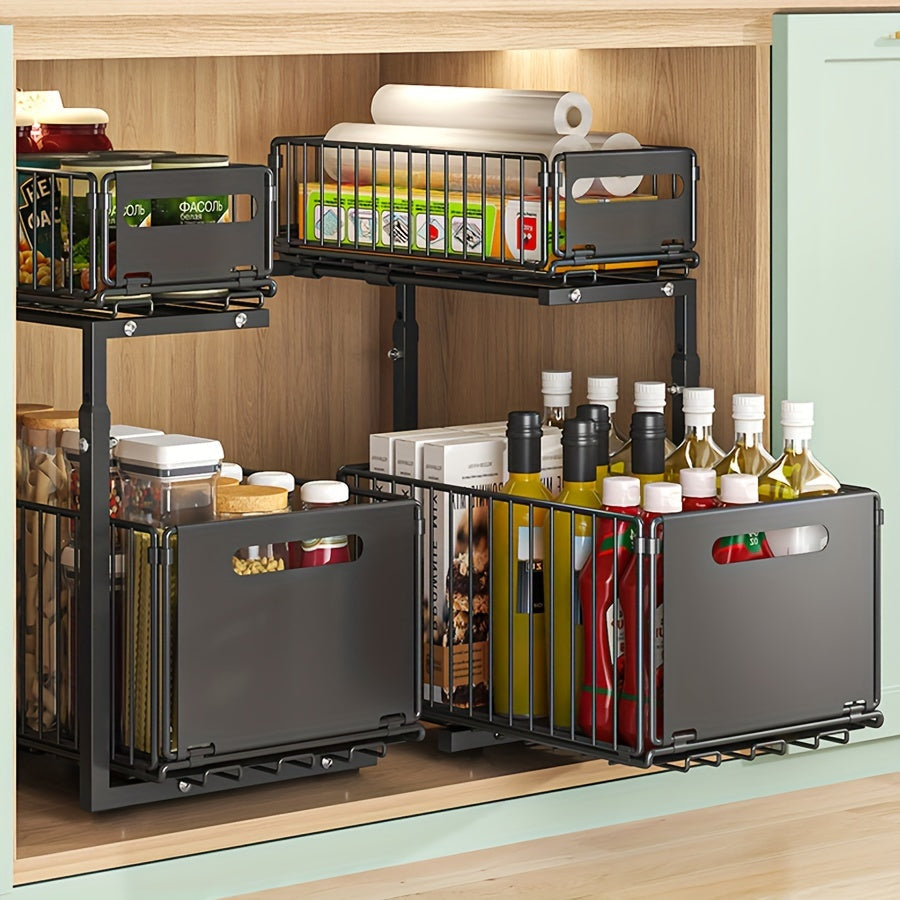 Two-Tier Cabinet Organizer with Extendable Carbon Steel Design