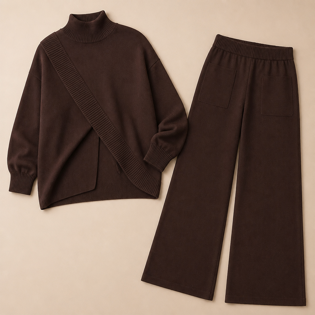 CelestiaKnit™ – Large Asymmetric Knit Ensemble Featuring Wide-Leg Trousers