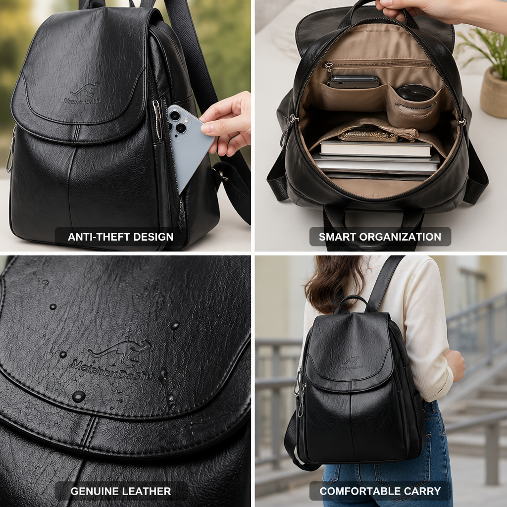 Anti-Theft Genuine Embossed Leather Backpack