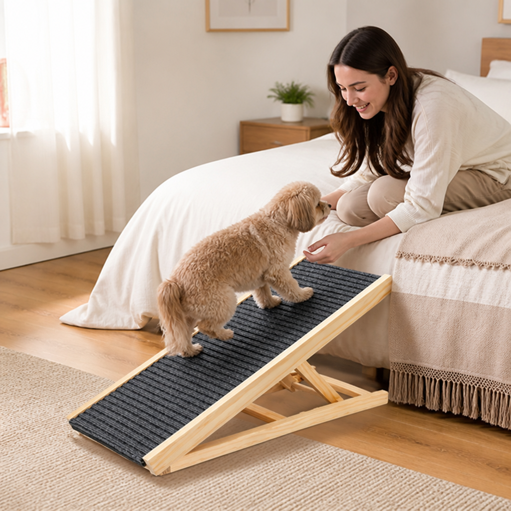 Foldable Adjustable Wooden Pet Ramp (Non-Slip Carpet)