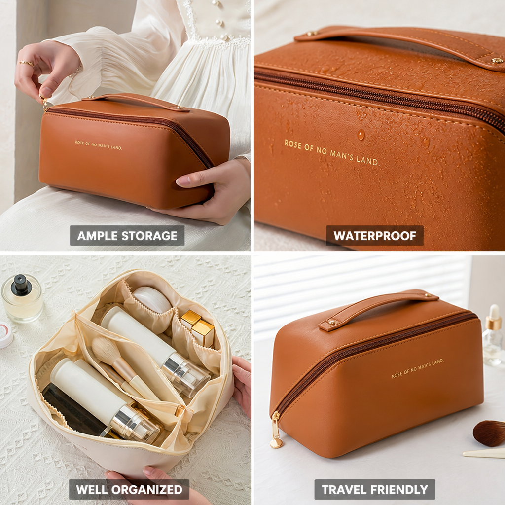 Waterproof PU Leather Zip-Closure Travel Makeup Organizer