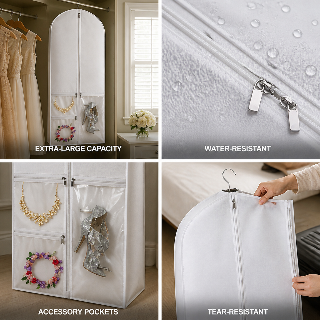 Extra-Large Dustproof Water-Resistant Bridal Gown Bag (3 Clear Zipped Pockets)