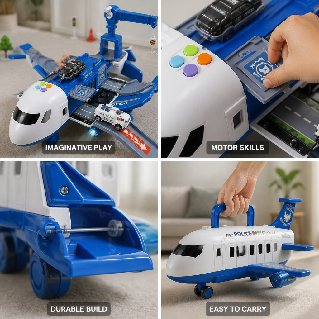 Durable ABS Airplane Playset (Includes 4 Mini Vehicles)