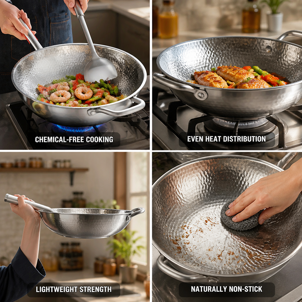 Pure Titanium Uncoated Non-Stick Round-Bottom Wok (30 cm)