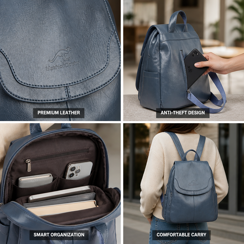 Anti-Theft Embossed Leather Backpack
