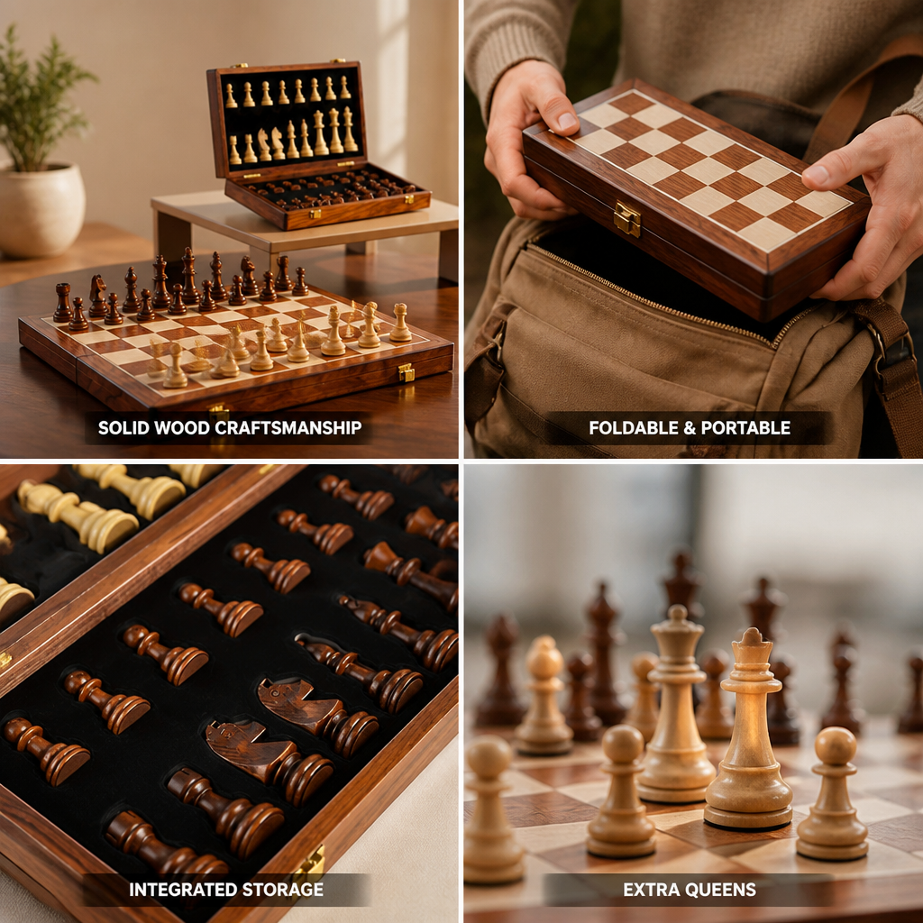 Solid Wood Foldable & Portable Chess Set (Includes Extra Queens)
