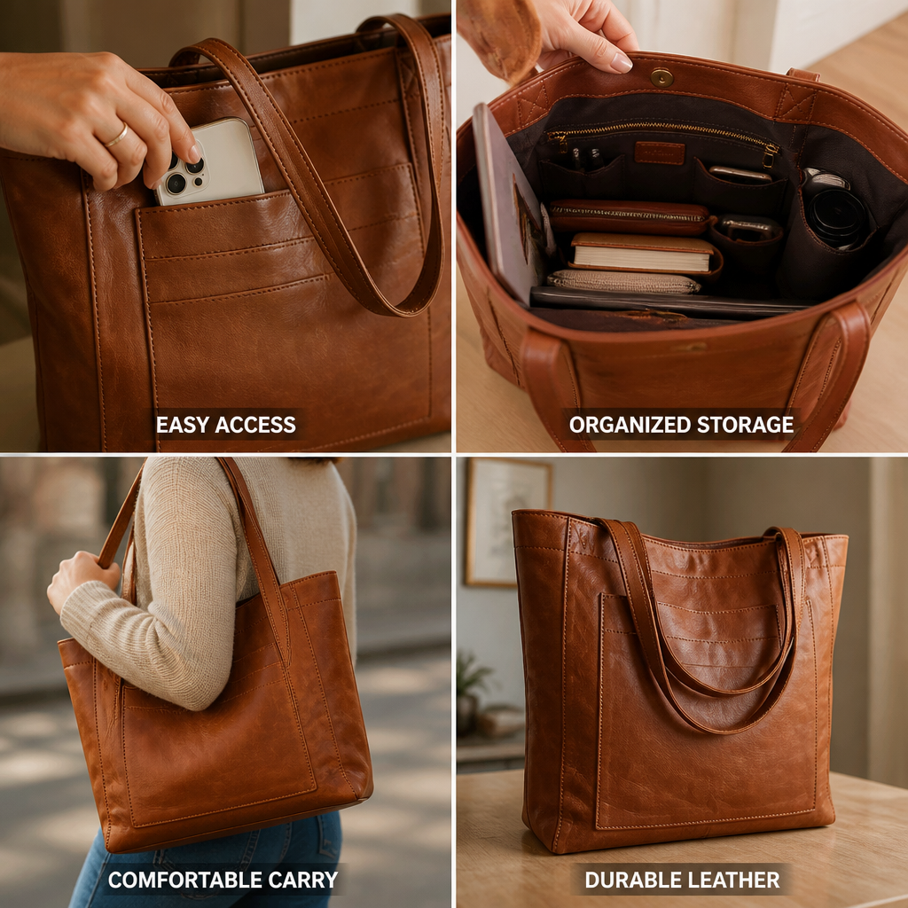 Genuine Leather Exterior Pockets & Interior Organizer Tote Bag