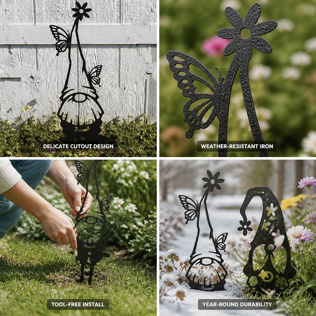 Weather-Resistant Iron Garden Gnome Stake (Butterfly & Flower Cutouts)