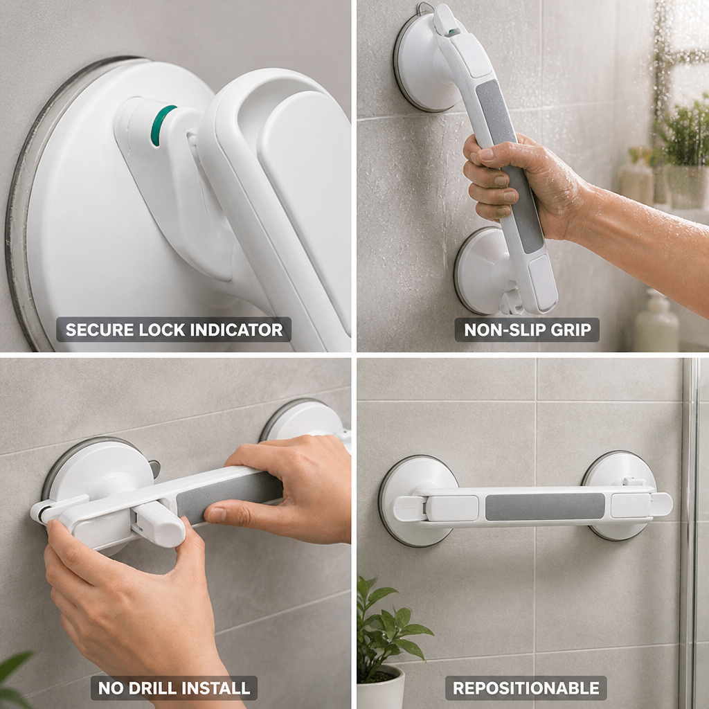 Locking Suction & Textured Non-Slip Grab Handle (No-Drill)