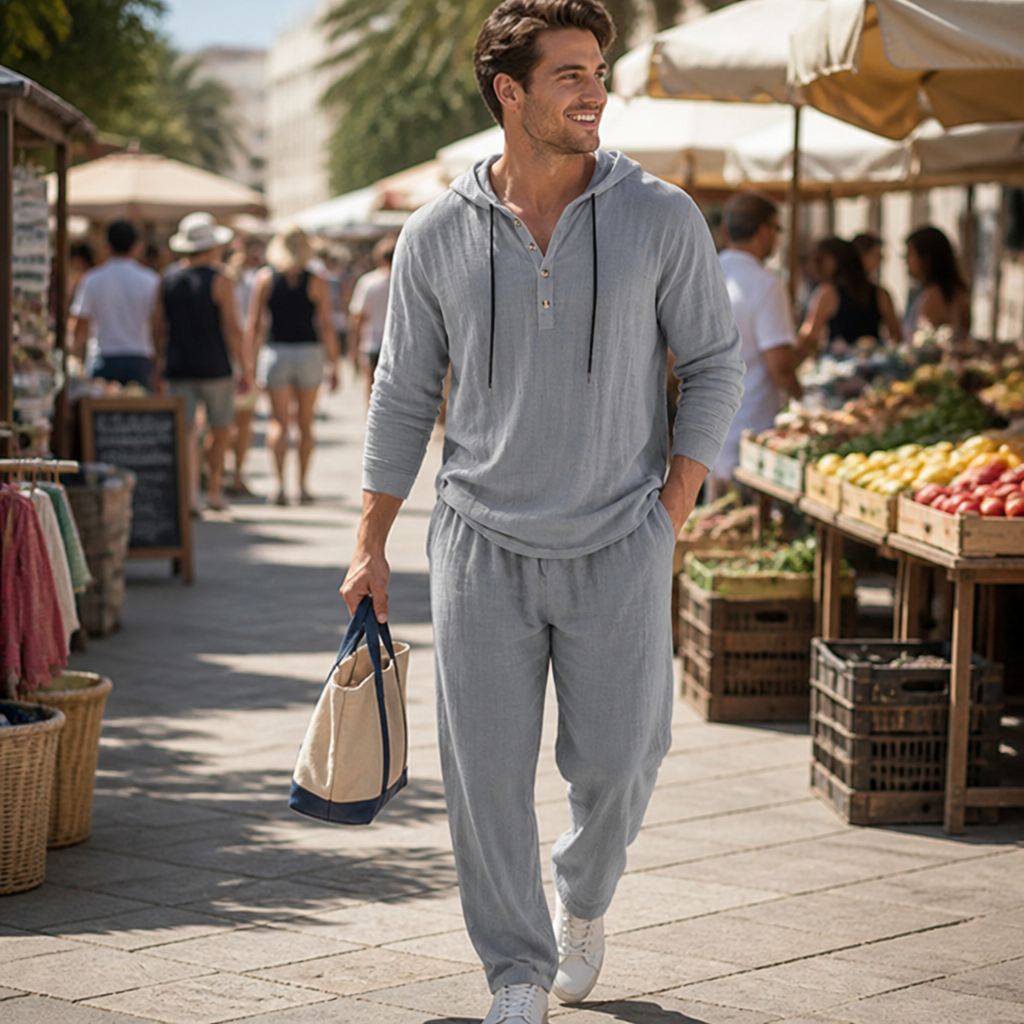 VeloShift™ – Relaxed Linen-Blend Hooded Set with Button Henley Top