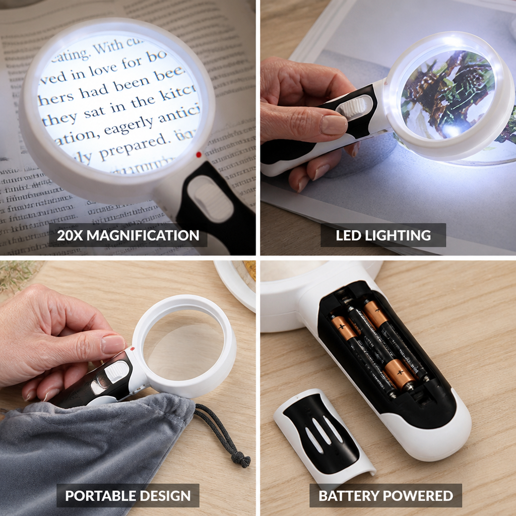 20X Distortion-Free LED Double-Lens Magnifying Glass