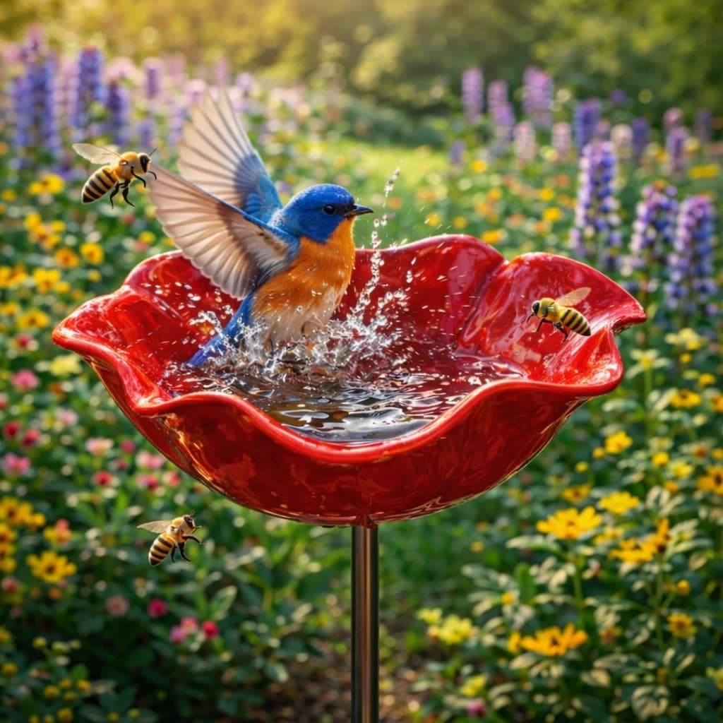 Weatherproof Metal Birdbath in Flower Design for Garden and Terrace