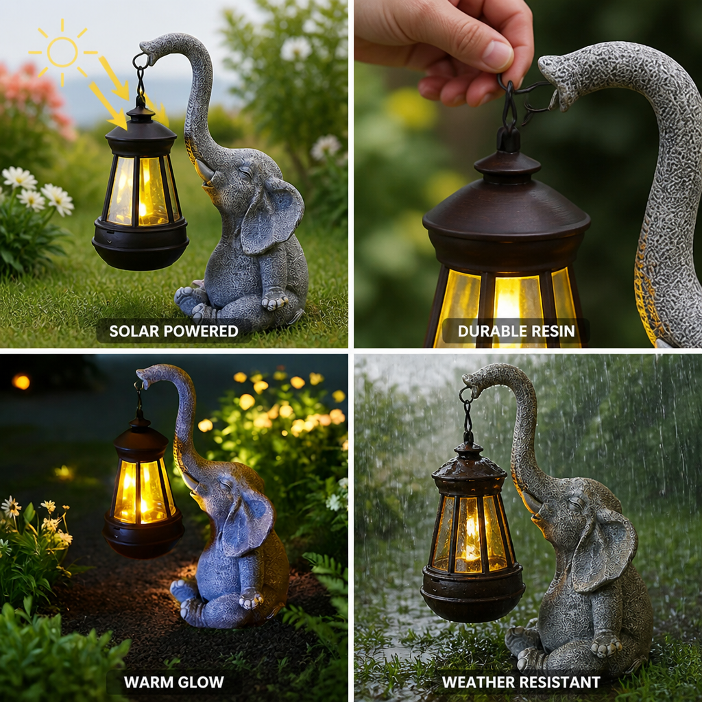 Solar-Powered Resin Warm-Glow Garden Lantern (Elephant Design)