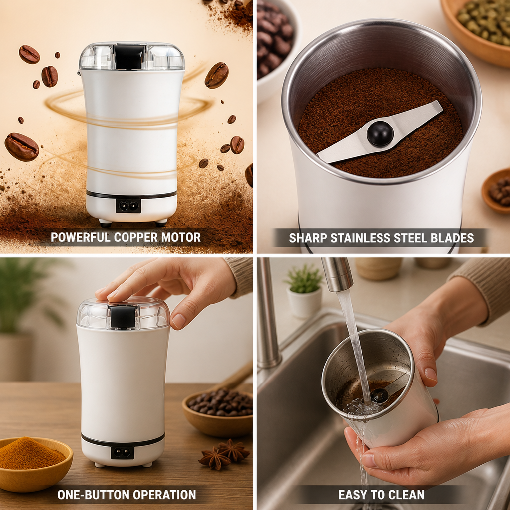 Copper Motor Stainless Steel Blades Coffee & Spice Grinder (100g Capacity)