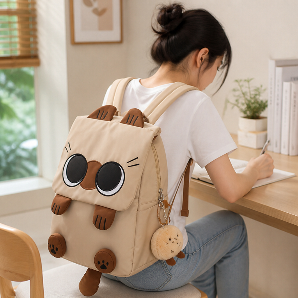 Large Capacity Cartoon Cat Nylon Backpack (Machine-Washable)