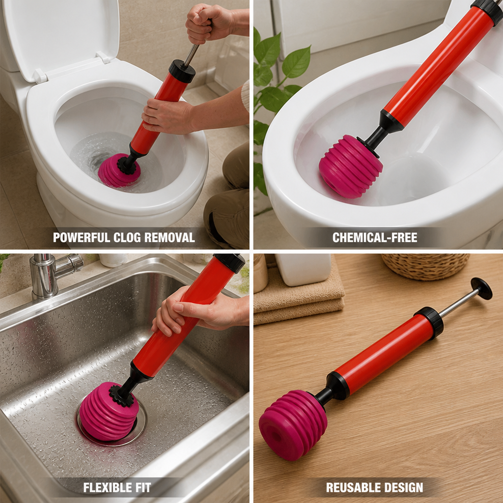 Manual High-Pressure Chemical-Free Drain Plunger (Flexible Nozzle, 66 cm)