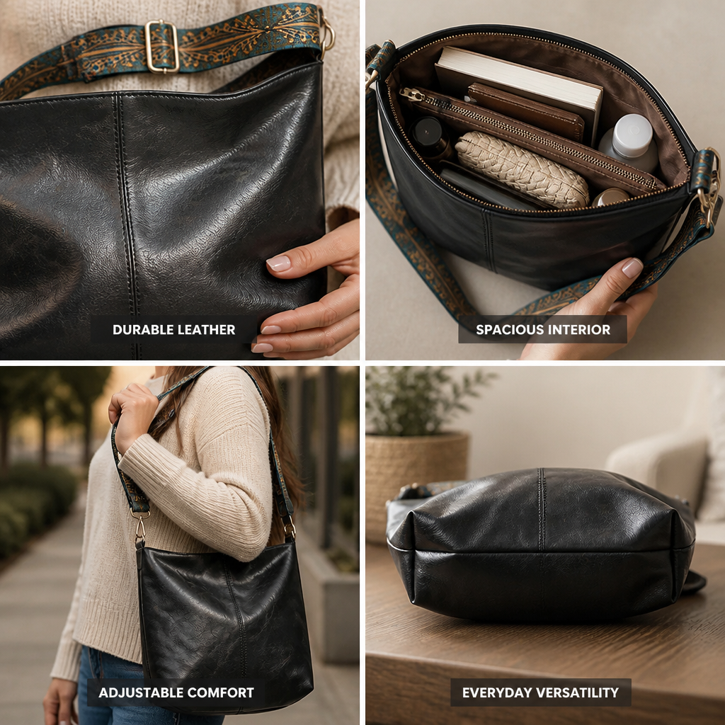 Aged-Look Leather Bohemian Strap Hobo Bag