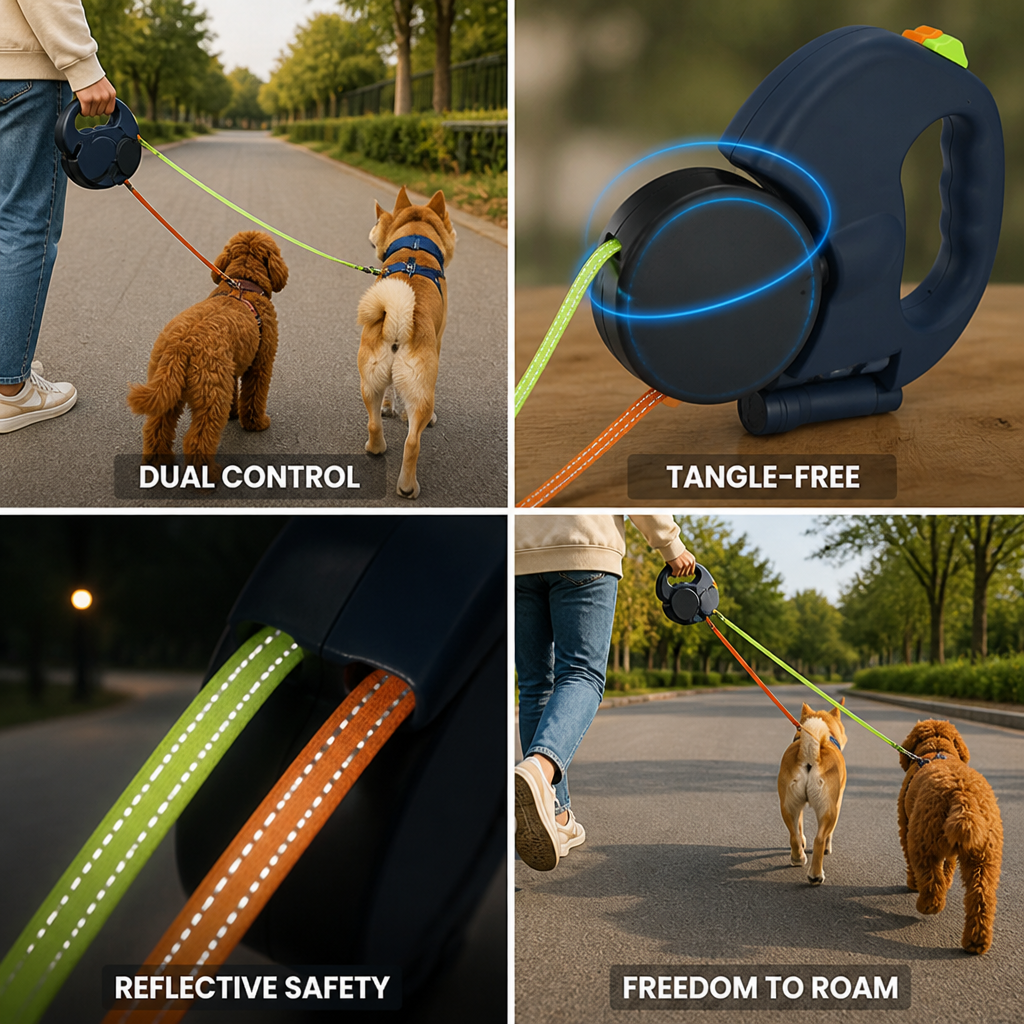 360° Swivel Tangle-Free Reflective Dual Retractable Dog Leash