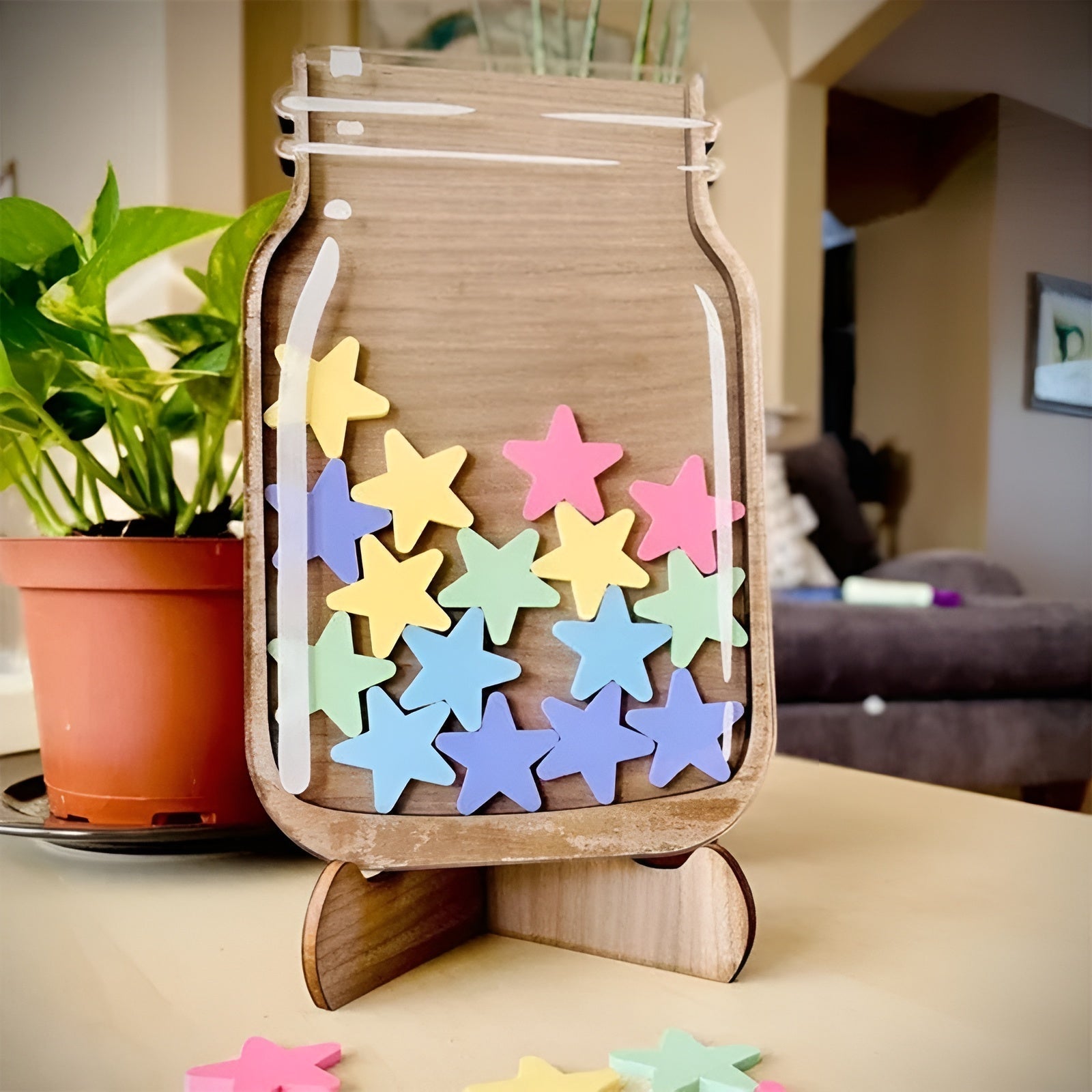 Wooden Reward Jar with Colorful Stars for Kids' Motivation