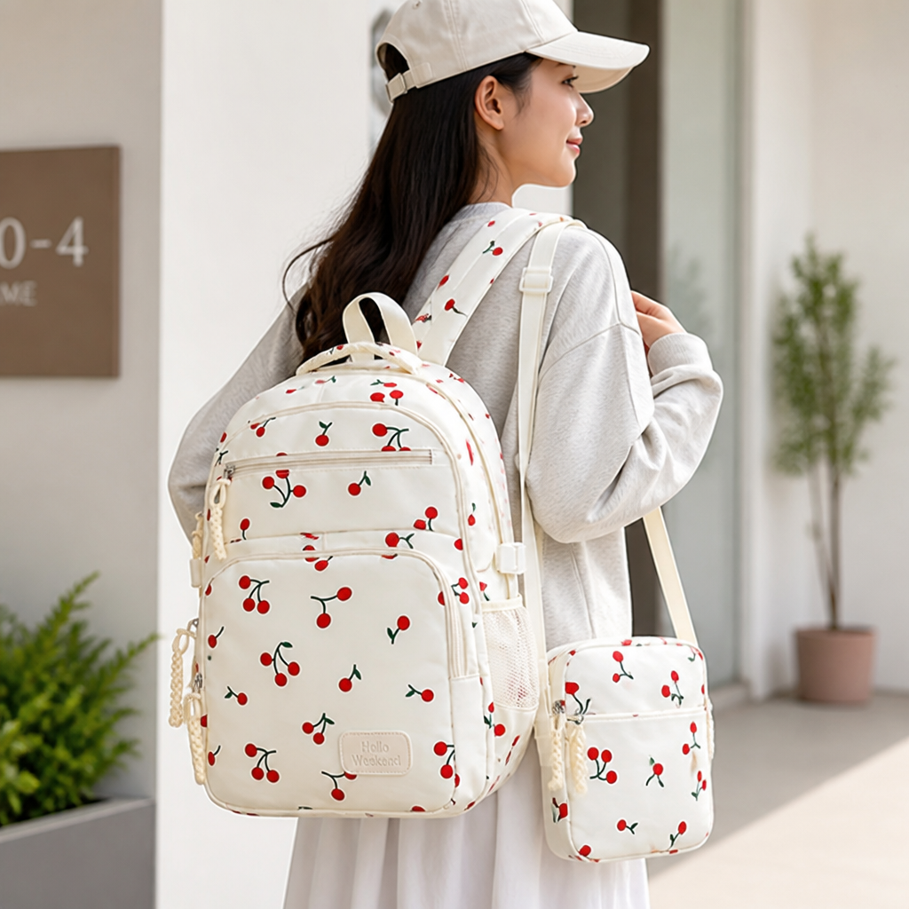 Large-Capacity Fruit-Print Backpack Set (3-Piece)