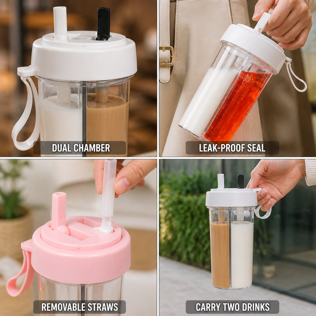Dual-Chamber Leak-Proof Tumbler (Removable Double Straw)
