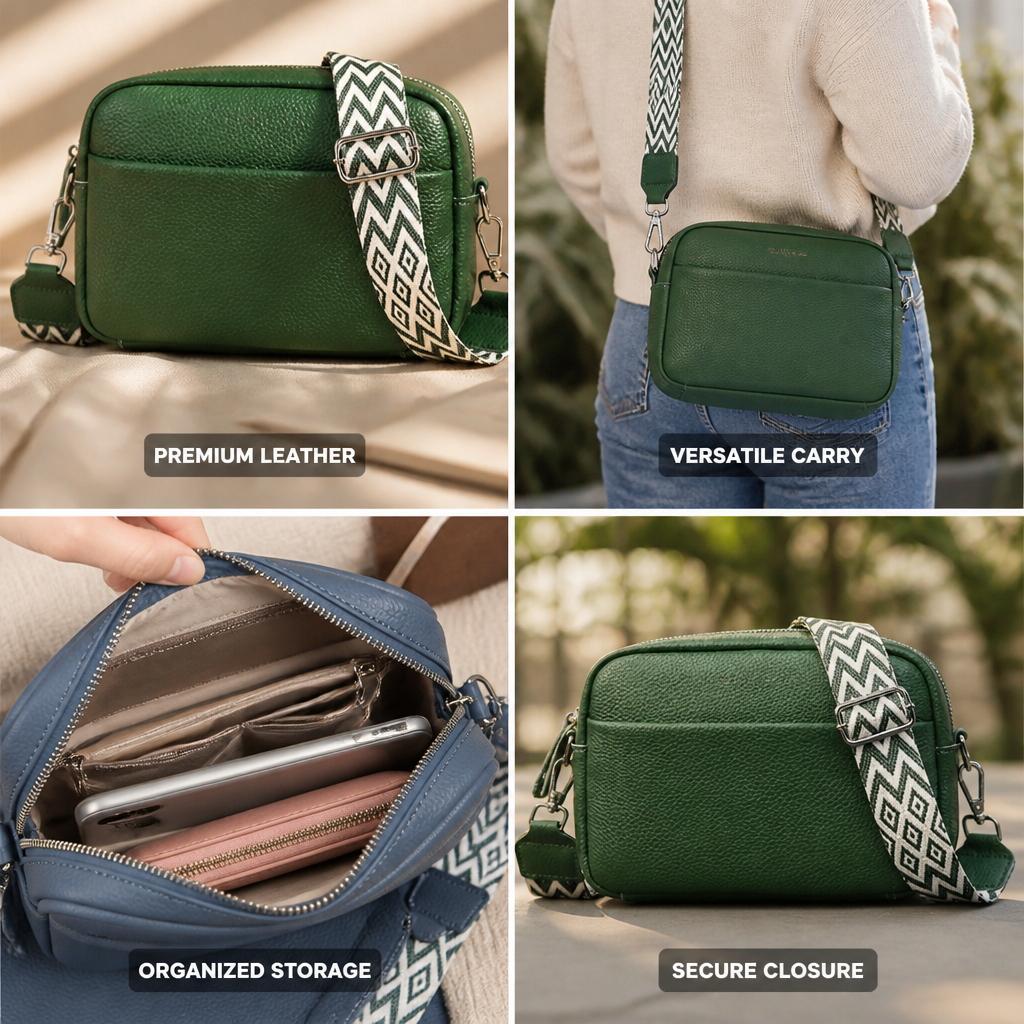 Genuine Leather Crossbody Camera Bag (Detachable Geometric Strap)